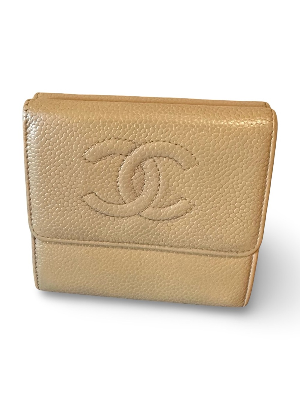 CHANEL Beige Caviar Leather Timeless CC Trifold Compact Wallet